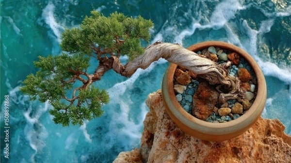 Fototapeta Top-down view of a bonsai tree in a round pot showcasing beautiful symmetry and natural beauty in a calm setting