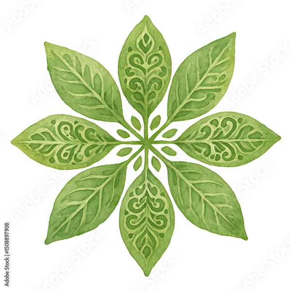 Obraz Watercolor illustration of a decorative green leaf pattern featuring swirl and floral designs