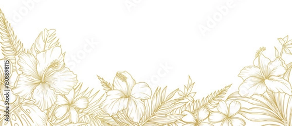 Fototapeta Tropical floral background with golden line art of hibiscus flowers and leaves. Luxury hand drawn frame, border. Vector illustration for design of card, banner, invitation, advertising and packaging