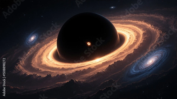 Fototapeta The image shows an artist's impression of a black hole in the center of a spiral galaxy surrounded by hills and stars in the dark night sky.