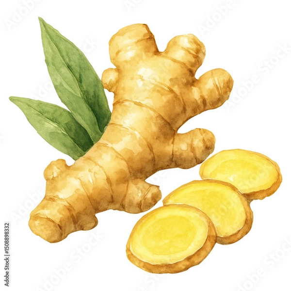 Obraz Watercolor illustration of fresh ginger root with slices and green leaves isolated