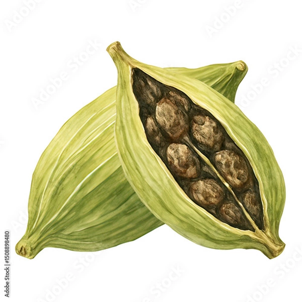 Fototapeta Watercolor illustration of fresh green cardamom pods with seeds for culinary and health purposes