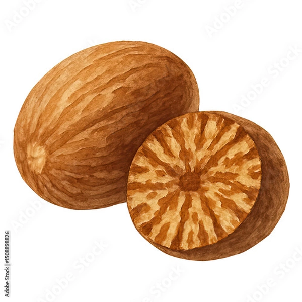 Obraz Watercolor illustration of two whole nutmeg spices isolated on a white background