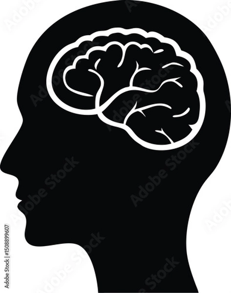Fototapeta Black silhouette shows a white brain within the head facing left on white