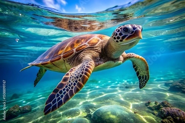 Fototapeta Sea turtle underwater in vibrant ocean