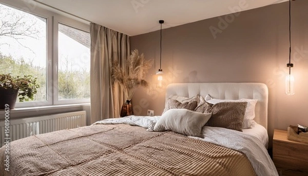 Fototapeta bedroom interior design with a minimalist and trendy style in earthy muted tones