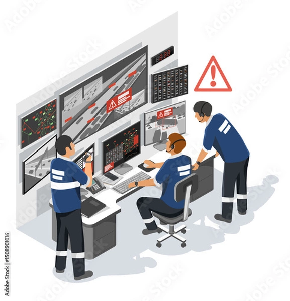Fototapeta Traffic control team managing emergency road incidents and resolving critical congestion using real-time monitoring systems in city command center