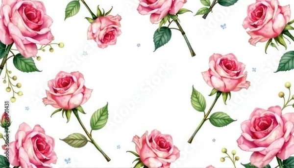 Fototapeta Delicate watercolor roses & leaves, repeating seamlessly , flowers, texture, red