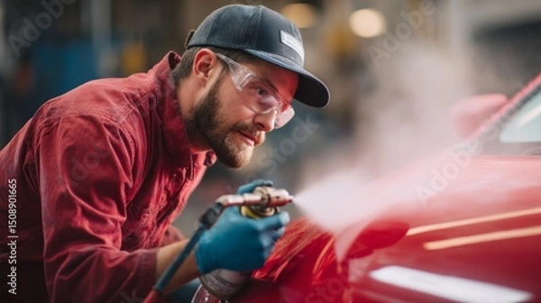 Fototapeta A skilled car painter carefully applies a vibrant coat of red paint to a vehicle in an auto body shop, demonstrating precision and attention to detail in the bright work environment