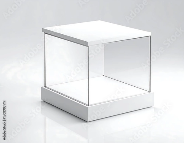 Obraz A cube-shaped glass display case with a white base sits on a reflective surface