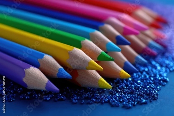 Obraz Colorful pencils on sparkly blue background, ideal for art projects, kids’ activities, or creative promotions