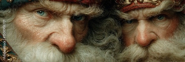 Fototapeta Two elderly men with striking beards and intense expressions during a winter celebration in a festive setting