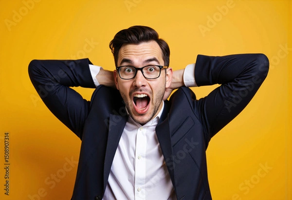 Fototapeta Ecstatic Businessman Celebrating a Successful Deal on Bright Yellow Background