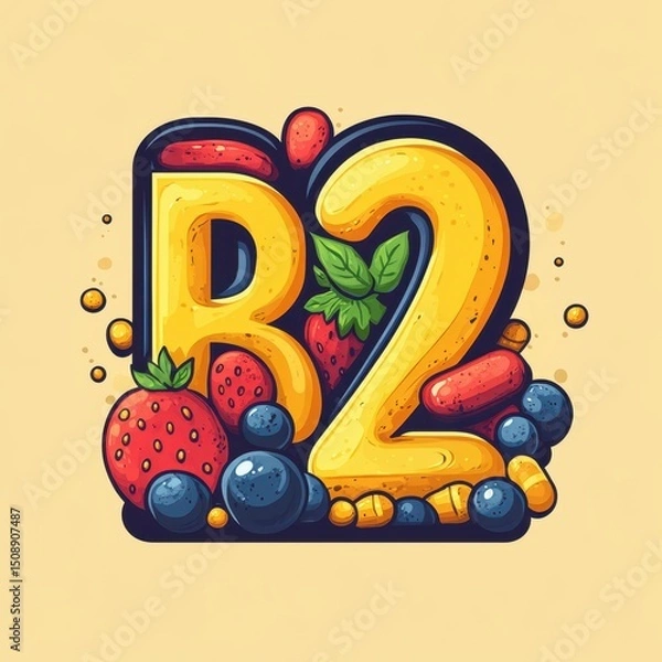 Fototapeta Bright and colorful illustration of the letters B and 2 surrounded by fresh fruits and colorful supplements