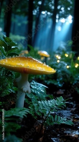 Obraz Colorful yellow mushroom surrounded by lush greenery in a misty forest during dawn with soft rays of light
