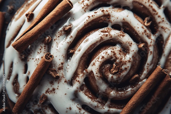 Fototapeta Closeup of freshly baked cinnamon rolls with icing and cinnamon sticks, golden, warm, and inviting food scene