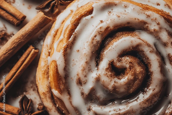 Fototapeta Closeup of freshly baked cinnamon rolls with icing and cinnamon sticks, golden, warm, and inviting food scene