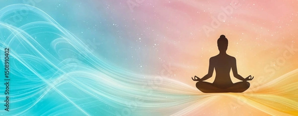Fototapeta Meditating figure in silhouette against minimal pastel background with flowing waves, creating serene and calming atmosphere