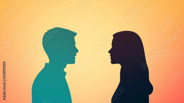 Fototapeta Silhouettes of couple facing each other against colorful gradient background, conveying sense of intimacy and connection
