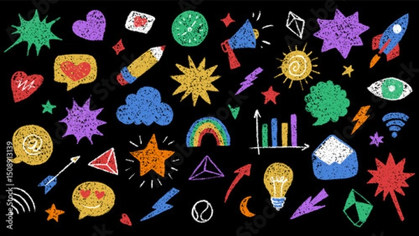 Fototapeta Bright Crayon Doodle Artistic Vector with Various Creative and Fun Elements
