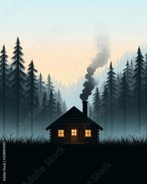 Fototapeta Tranquil cabin nestled among tall pine trees, with smoke gently rising from chimney, creating serene atmosphere at dawn