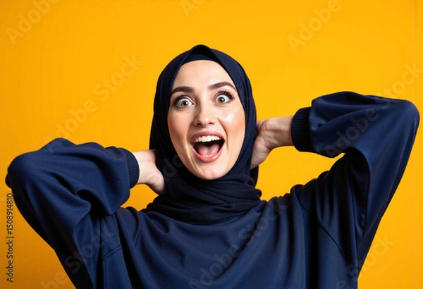 Fototapeta Amazed Woman in Hijab Overwhelmed by Shopping Deals on Bright Yellow Background
