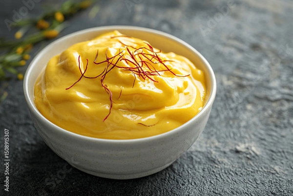 Fototapeta Creamy mango shrikhand garnished with saffron threads in a white bowl, styled on a textured canvas background