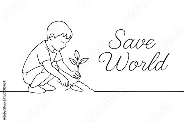 Fototapeta Line art of child planting tree for environment
