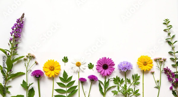Obraz Colorful arrangement of wildflowers on a white background . Place for text