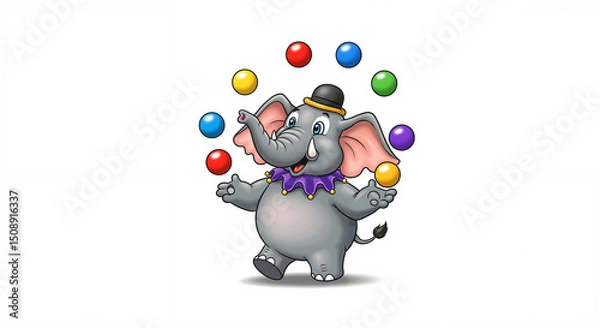 Obraz Cartoon elephant juggling colorful balls in a playful style  