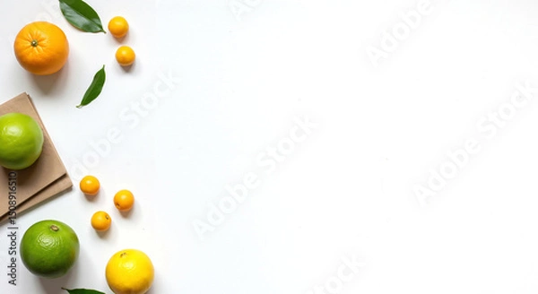 Obraz Fresh fruits arranged on white background with green leaves. space for text