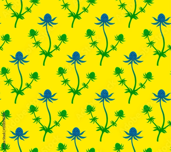 Fototapeta Seamless pattern with a sprig of Eryngium flowers on a yellow background, perfect for backgrounds, textiles, paper. Seamless floral pattern.