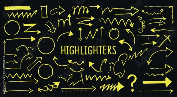 Fototapeta Creative yellow highlighter doodles and arrows on dark background for design inspiration. Vector illustration