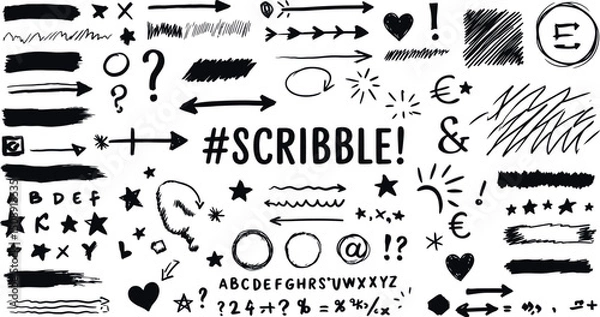 Fototapeta Diverse hand-drawn scribbles and symbols set for creative projects and design inspiration. Vector illustration