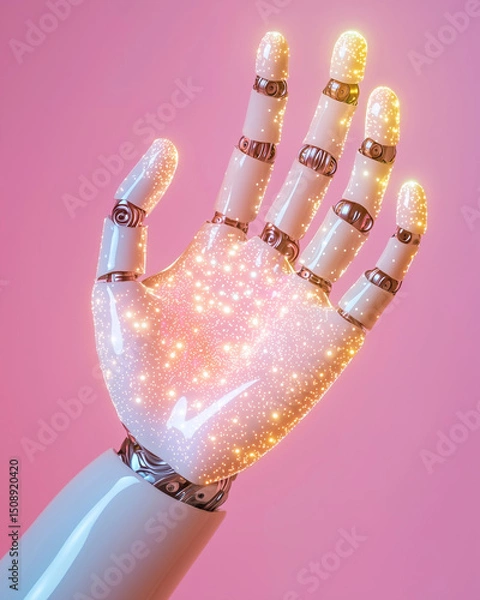 Fototapeta Futuristic robotic hand with glowing elements, showcasing advanced technology and design. hand appears elegant and innovative, symbolizing future