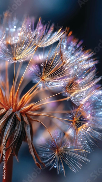 Fototapeta Close-up of a colorful dandelion seeds with water drops on the dark background