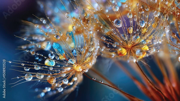 Fototapeta Close-up of a colorful dandelion seeds with water drops on the dark background