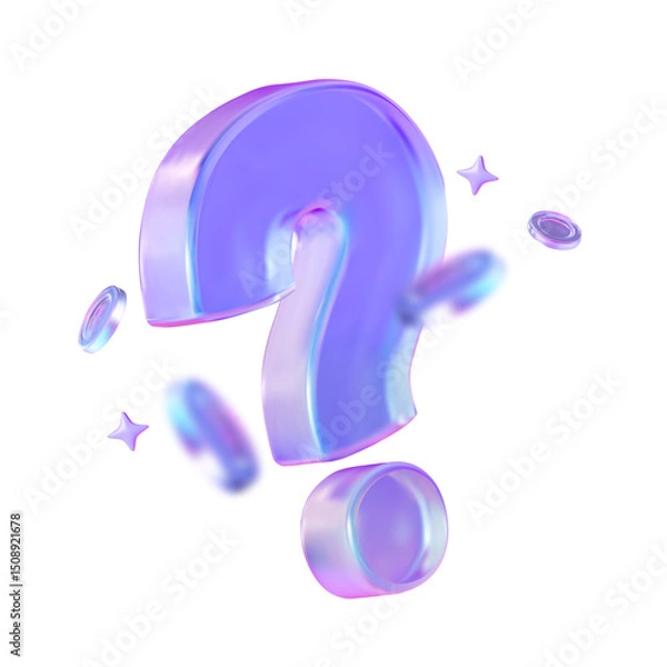 Fototapeta 3D Holographic Purple Question Mark with Floating coins and stars.  Premium Icon for Web, Presentations, and FAQ.