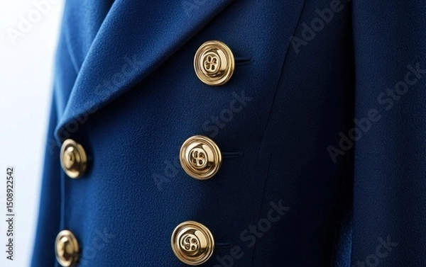 Obraz Close-up of a navy blue blazer with four shiny gold buttons arranged vertically.