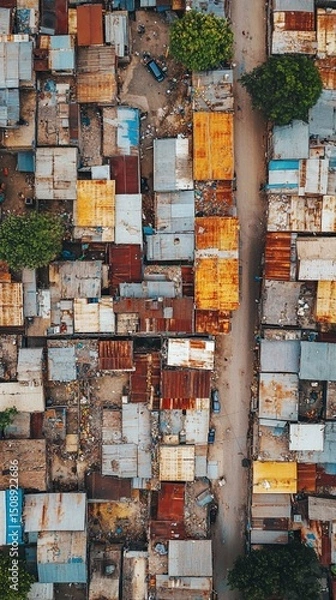 Fototapeta Aerial view of a vibrant slum area showcasing colorful rooftops and narrow pathways, highlighting the juxtaposition of urban life and community spirit in a densely populated zone.