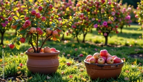 Obraz Apple Orchard Red Apples in Terracotta Pots and Basket A Vibrant Autumn Harvest Scene