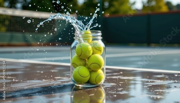 Obraz Tennis Balls in a Jar by the Courtside Splashing Water