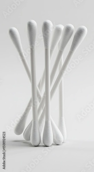 Fototapeta Several white cotton swabs arranged in a clustered, intersecting structure against a plain white background