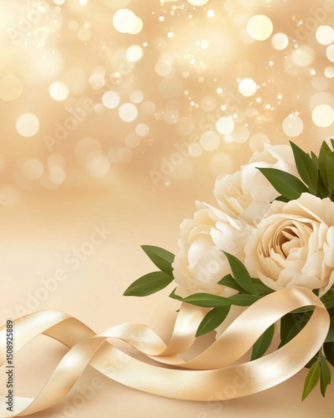 Fototapeta Elegant bouquet of white roses with green leaves and soft golden ribbon on blurred golden background, creating warm and romantic atmosphere