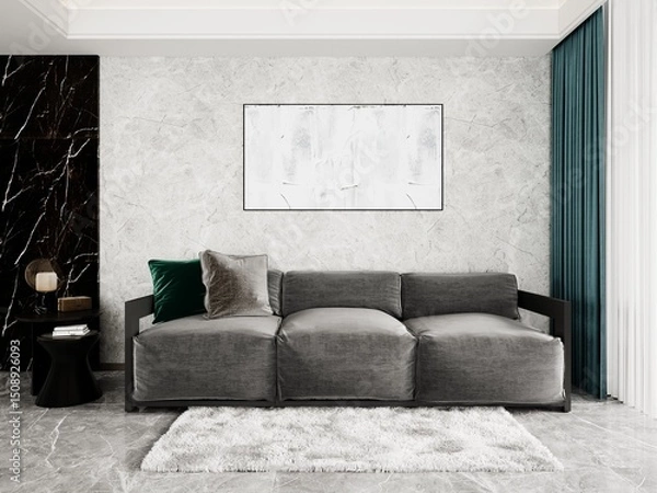 Fototapeta Mock up of an amazing living room with a modern comfortable sofa and a stylish hipster background, 3D rendering.