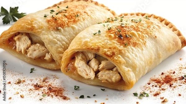 Fototapeta Delicious golden-brown empanadas filled with tender chicken and spices, perfect for satisfying cravings or for serving at gatherings and festive occasions.