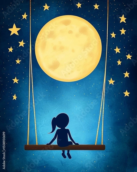 Fototapeta Dreamy illustration of child sitting alone on swing under large moon surrounded by stars, evoking sense of wonder and tranquility