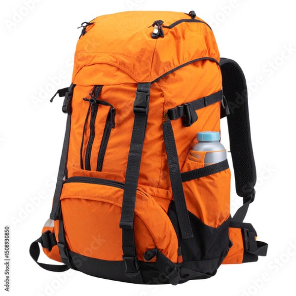 Fototapeta Untitled design - Vibrant Hiking Backpack with Reflective Strips and Water Bottle Holder, isolated on a transparent background (2)