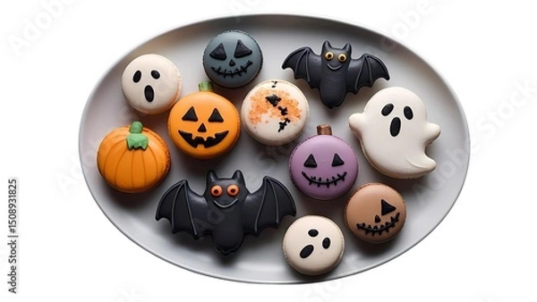 Fototapeta A delightful assortment of Halloween-themed macarons arranged on an oval white plate, set against a clean white background.