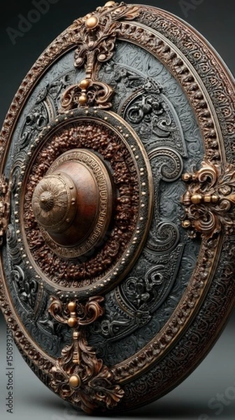 Fototapeta Elaborately designed shield featuring intricate patterns and metallic elements on a dark background
